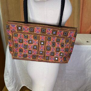 New Embroidered Mirrored Fabric Bag Handcrafted in India, Brown, Purple Pink